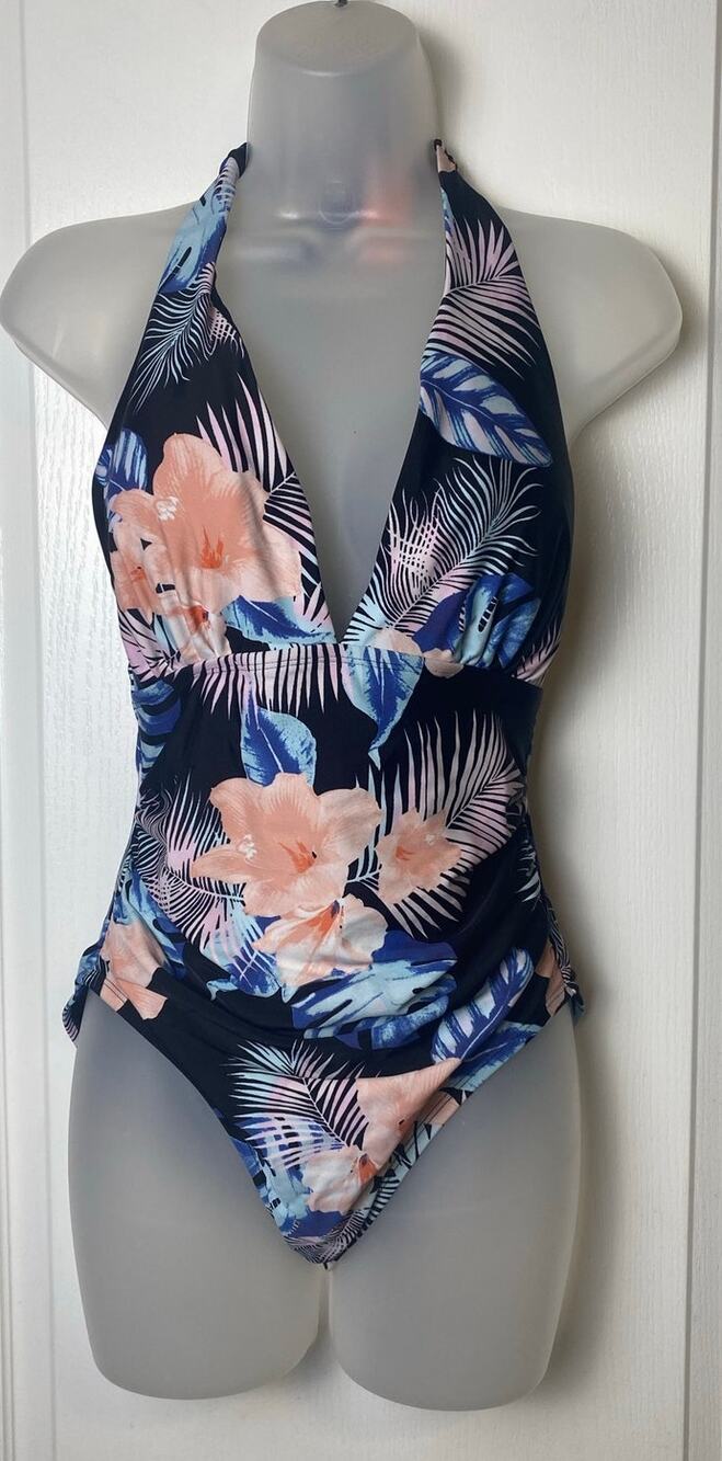 DKNY Tropical Floral One-Piece Halter Vacation Beach Swimsuit Women's Medium